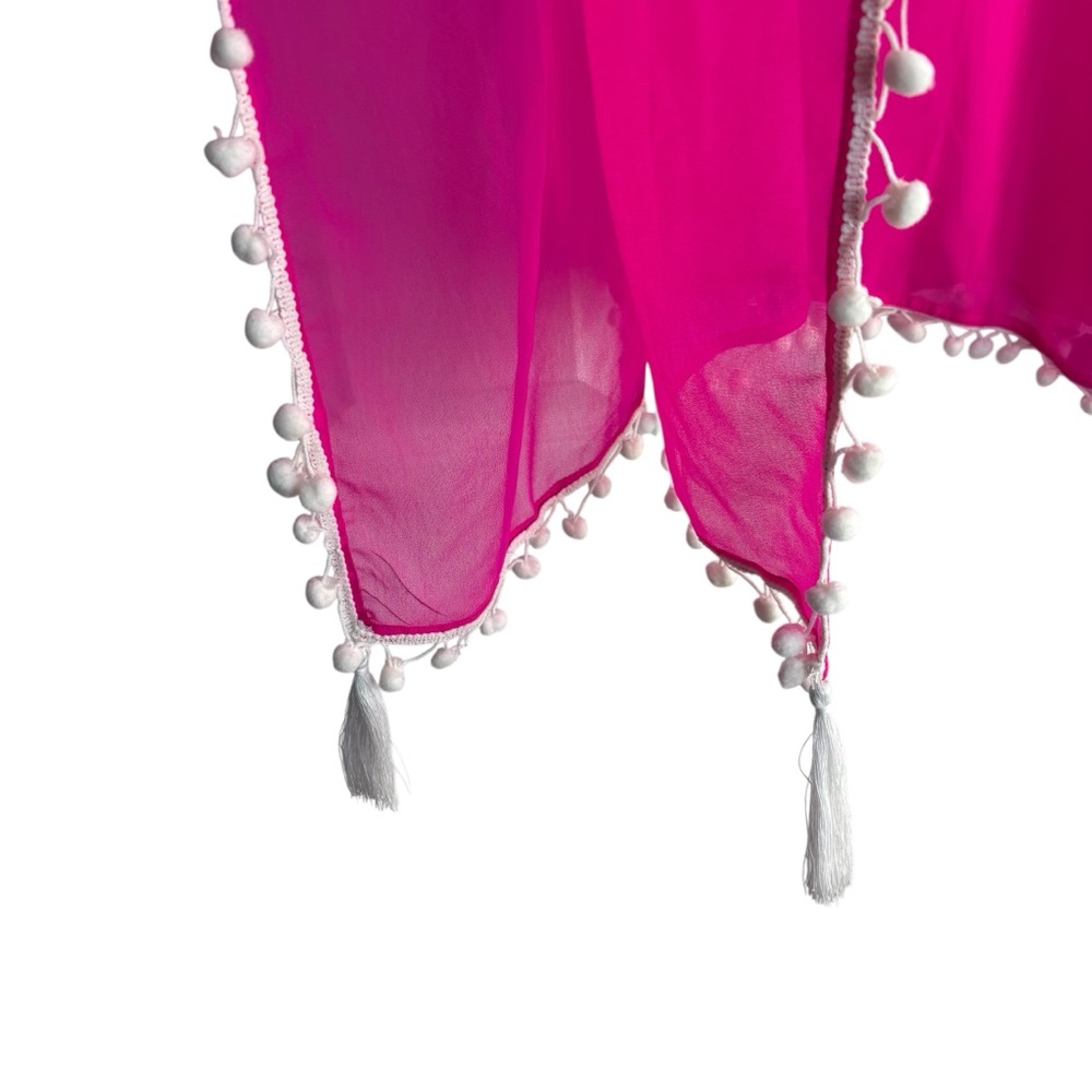CLUB Z COLLECTION Hot Pink Sheer Kaftan/Swim Cover Up w/ Poms --Flaw - Picture 7 of 12
